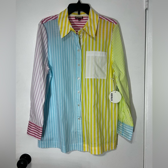 Staud NWT Martha Multicolor Mixed Stripe Stretch Cotton Button-up Shirt Size M - Picture 2 of 12